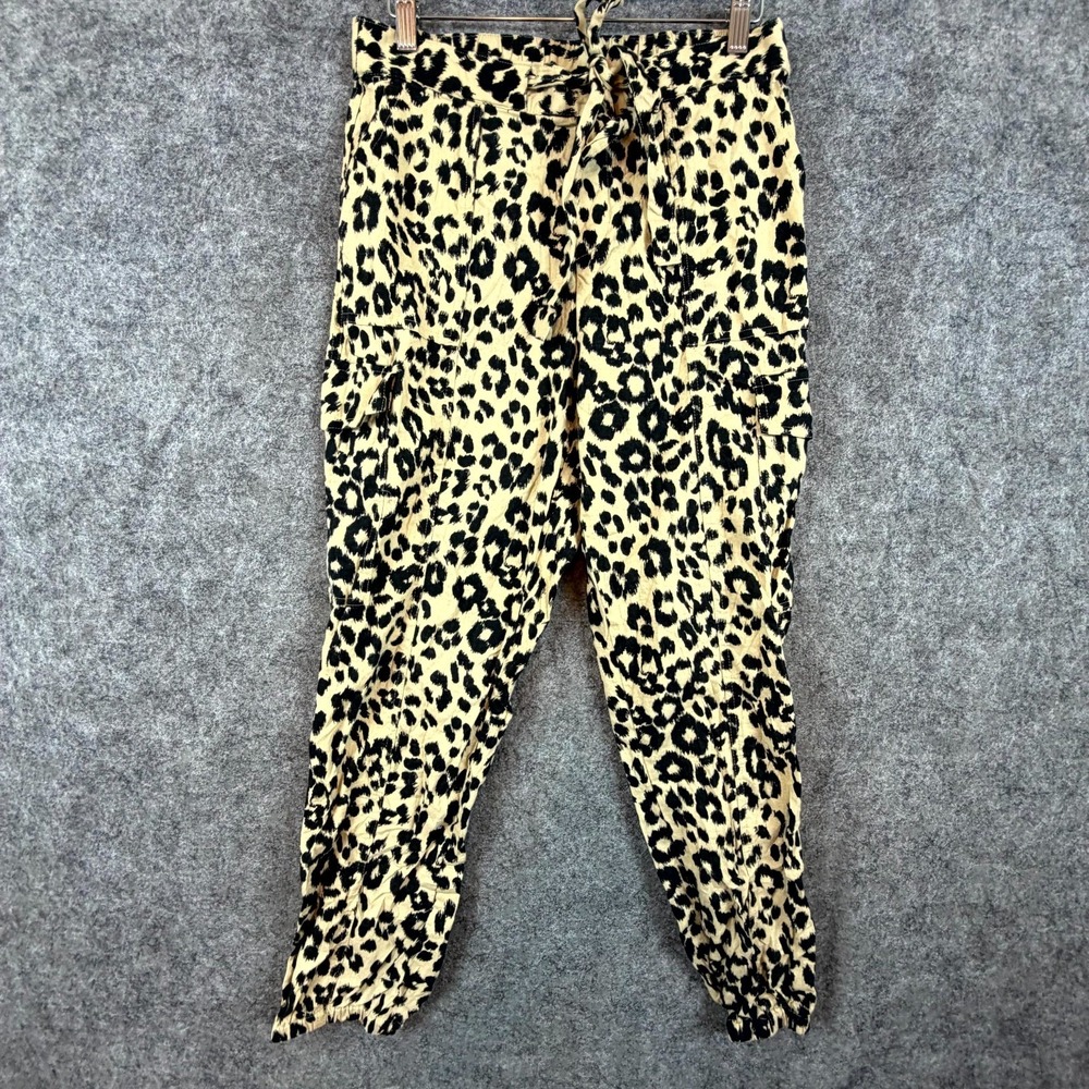 New York & Company Pants Womens Medium Yellow Leopard Linen Pleated Cargo Pocket